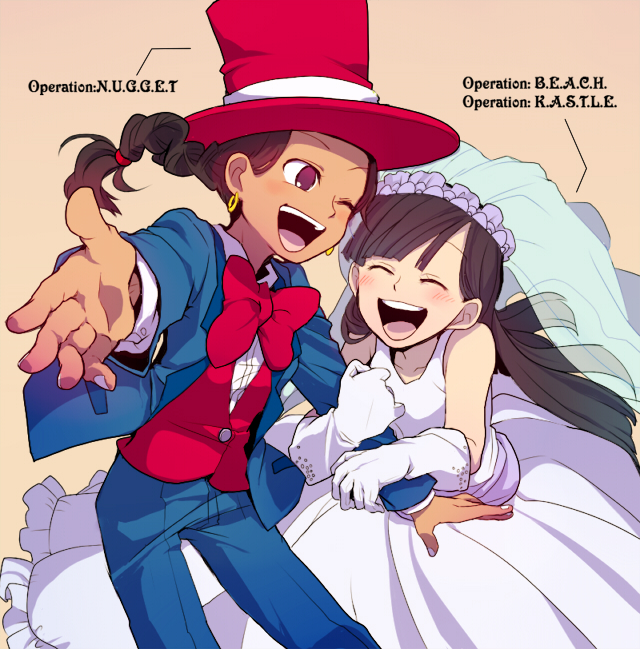 t k g, numbuh 3, numbuh 5, codename: kids next door, commentary request, 2girls, alternate costume, arm hug, black hair, blunt bangs, blush, bow, braid, copyright name, dark-skinned female, dark skin, dress, earrings, formal clothes, gloves, hat, jewelry, multiple girls, one eye closed, open mouth, smile, suit, top hat, veil, vest, wedding dress, wife and wife, yuri