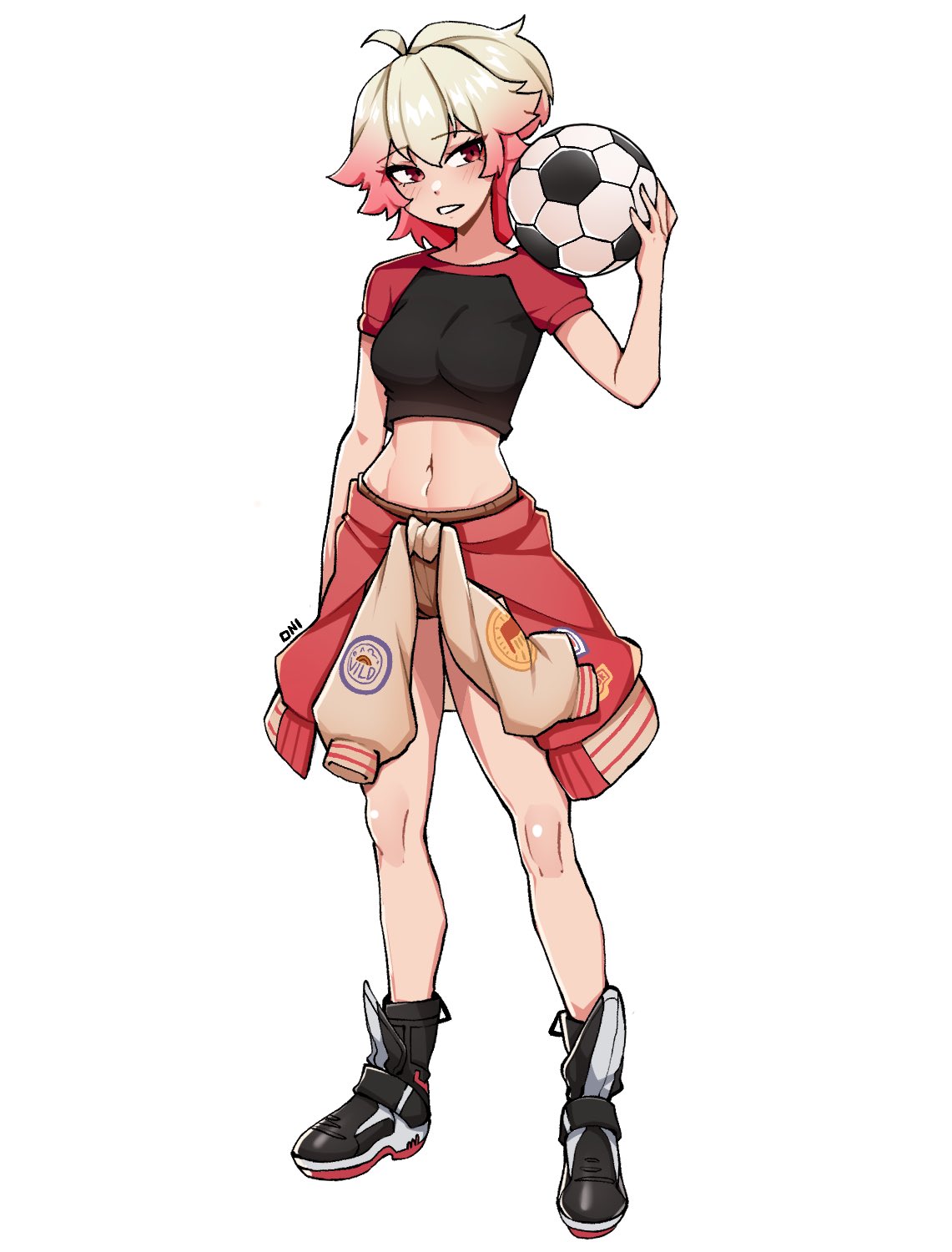 oninuer, original, commentary, commission, english commentary, highres, 1girl, ahoge, ball, black shirt, black shoes, blonde hair, breasts, clothes around waist, cropped shirt, double-parted bangs, full body, gradient hair, hair between eyes, holding, holding ball, jacket, jacket around waist, knees, looking to the side, medium breasts, midriff, multicolored hair, navel, pink hair, red eyes, shirt, shoes, short hair, short sleeves, simple background, soccer ball, solo, standing, white background