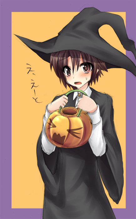 masayu, naoe riki, little busters!, bad id, bad pixiv id, 1boy, bob cut, brown eyes, brown hair, halloween, hat, male focus, open mouth, short hair, simple background, solo, sweatdrop, witch hat