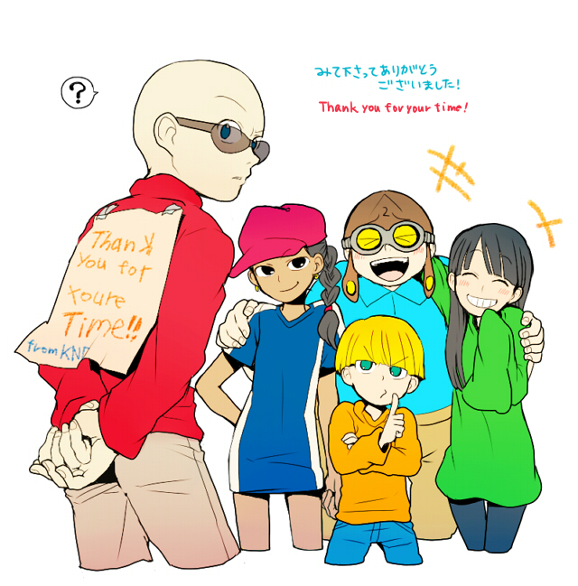t k g, numbuh 1, numbuh 2, numbuh 3, numbuh 4, numbuh 5, codename: kids next door, commentary request, translated, > <, +++, 2girls, 3boys, ?, animification, aqua eyes, arm around shoulder, arms behind back, bald, bilingual text, black hair, blonde hair, blue eyes, blunt bangs, blush, braid, closed eyes, cropped legs, earrings, english text, everyone, goggles, grin, hand on another's shoulder, hat, index finger raised, jewelry, laughing, long sleeves, looking back, mixed-language text, multiple boys, multiple girls, open mouth, oversized clothes, pantyhose, parted lips, simple background, sleeves past wrists, smile, sunglasses, white background