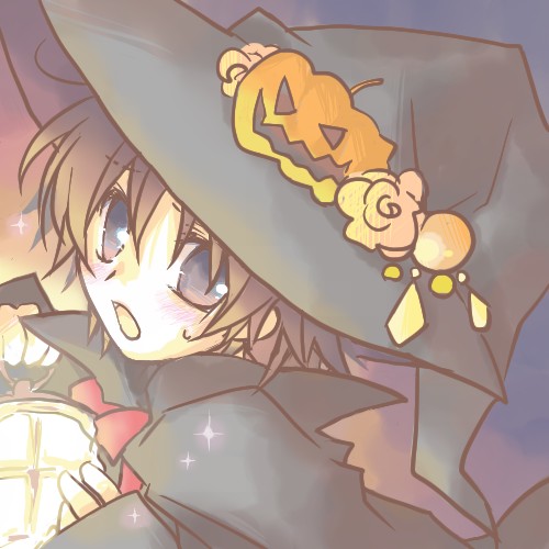 amano, naoe riki, little busters!, lowres, 1boy, food-themed hair ornament, hair ornament, halloween, hat, jack-o'-lantern, male focus, pumpkin, pumpkin hair ornament, solo, witch hat