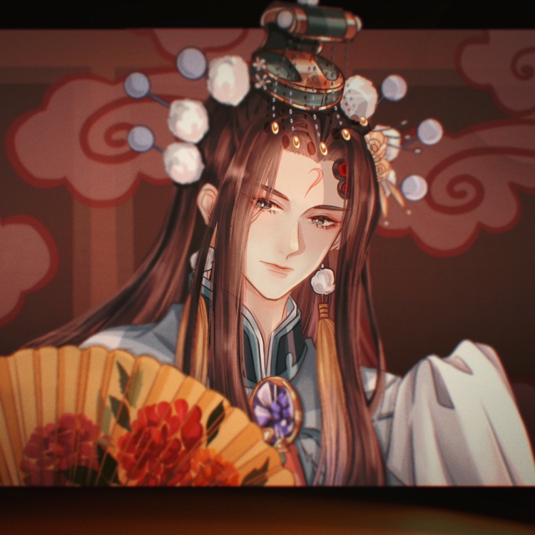 farewell my concubine (the tale of food), the tale of food, chinese commentary, 1boy, black border, black eyes, blue capelet, border, brooch, brown background, brown hair, capelet, closed mouth, curtained hair, earrings, expressionless, eyeshadow, facial mark, floral print, folding fan, forehead mark, hair ornament, hand fan, headdress, jewelry, letterboxed, lips, long hair, looking at viewer, makeup, male focus, outside border, parted bangs, peking opera, peony print, pom pom (clothes), pom pom earrings, pom pom hair ornament, portrait, red eyeshadow, red veil, solo, tassel, tassel earrings, veil, water sleeves, xiangyun, zaojisaki667