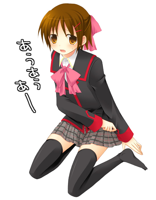 izumi (applepie), naoe riki, little busters!, bad id, bad pixiv id, 1boy, black thighhighs, bob cut, bow, crossdressing, crossdressing (mtf), male focus, pink bow, school uniform, short hair, sitting, solo, thighhighs, trap, wariza