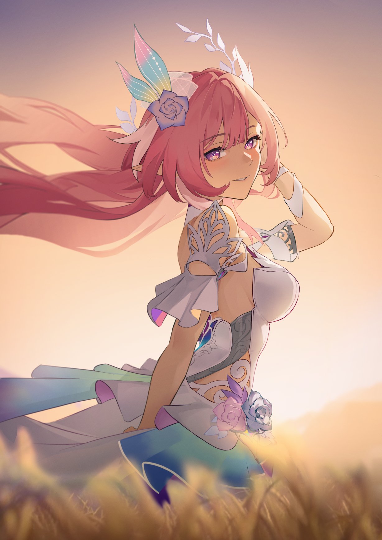 teipeee, cyrene (honkai: star rail), cyrene (ripples of past reverie) (honkai: star rail), honkai: star rail, honkai (series), hashtag-only commentary, highres, revision, 1girl, artist name, breasts, diamond-shaped pupils, diamond (shape), flower, from side, hair flower, hair ornament, halo, large breasts, long hair, looking at viewer, outdoors, pink hair, purple eyes, solo, symbol-shaped pupils, very long hair, wheat, wheat field