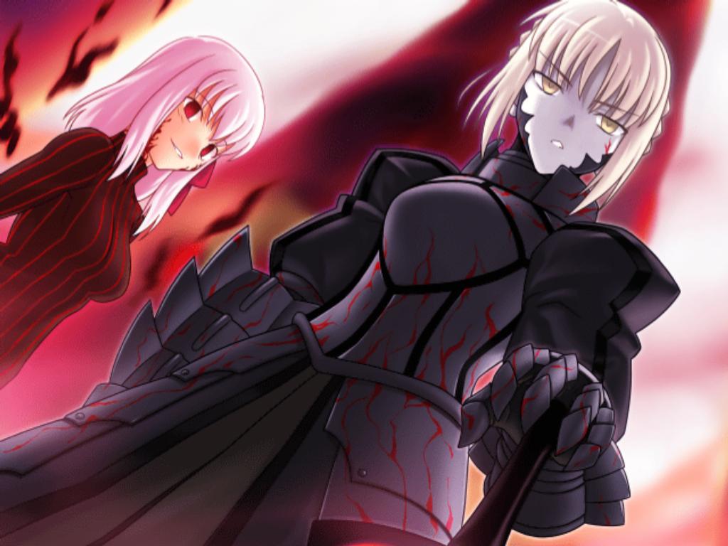 higurashi ryuuji, angra mainyu (fate), artoria pendragon (fate), dark sakura, matou sakura, saber (fate), saber alter, saber alter (second ascension), fate/stay night, fate/unlimited codes, fate (series), type-moon, 00s, 2girls, armor, armored dress, corruption, dark persona, dress, multiple girls, possessed, possession, red eyes, sword, turtleneck, weapon, white hair, yellow eyes