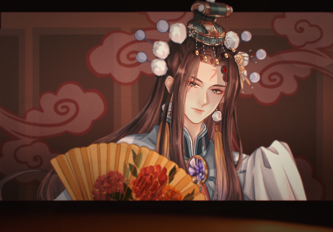 farewell my concubine (the tale of food), the tale of food, chinese commentary, 1boy, black border, black eyes, blue capelet, border, brooch, brown background, brown hair, capelet, closed mouth, curtained hair, earrings, expressionless, eyeshadow, facial mark, floral print, folding fan, forehead mark, hair ornament, hand fan, headdress, jewelry, letterboxed, lips, long hair, looking at viewer, makeup, male focus, outside border, parted bangs, peking opera, peony print, pom pom (clothes), pom pom earrings, pom pom hair ornament, portrait, red eyeshadow, red veil, solo, tassel, tassel earrings, veil, water sleeves, window, xiangyun, zaojisaki667