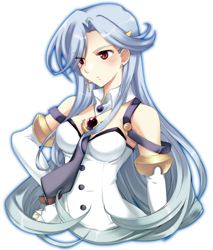 mimura aki, yaha, kimi ga yobu megiddo no oka de, bad id, bad pixiv id, lowres, 1girl, blue hair, blush, breasts, detached sleeves, dress, earrings, female focus, hand on own hip, hip focus, jewelry, long hair, medium breasts, necktie, red eyes, solo