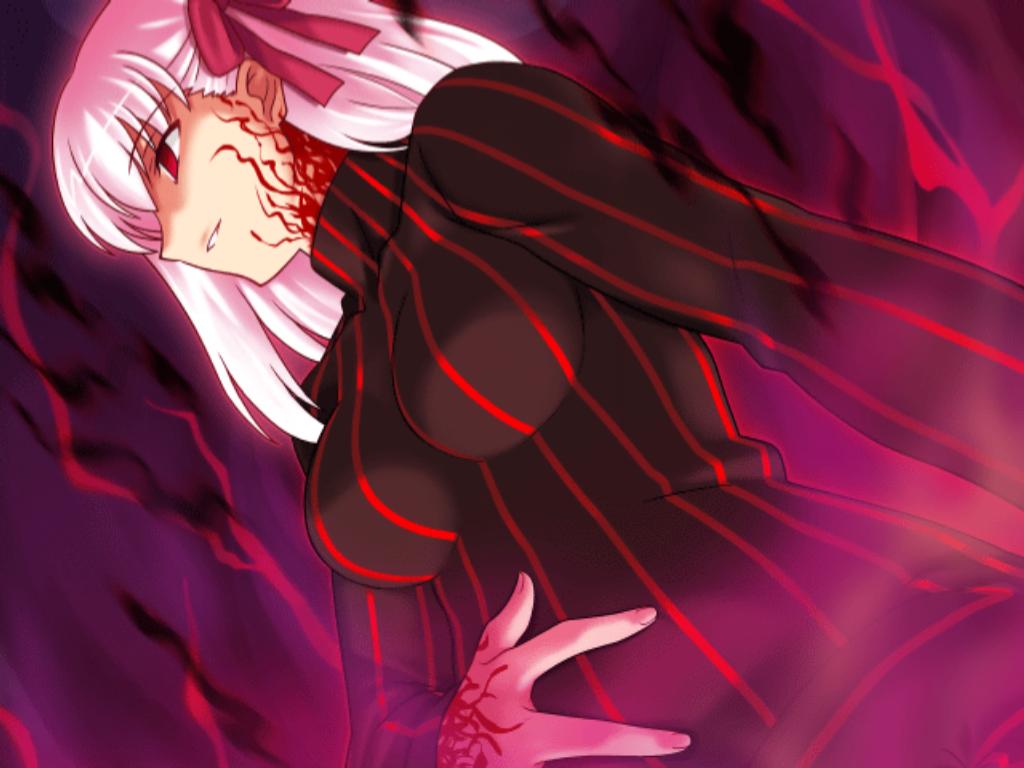 higurashi ryuuji, takeuchi takashi, dark sakura, matou sakura, capcom, fate/stay night, fate/unlimited codes, fate (series), type-moon, striped, game cg, tagme, 00s, 1girl, female focus, hair ribbon, purple background, red background, red eyes, ribbon, solo, turtleneck, white hair