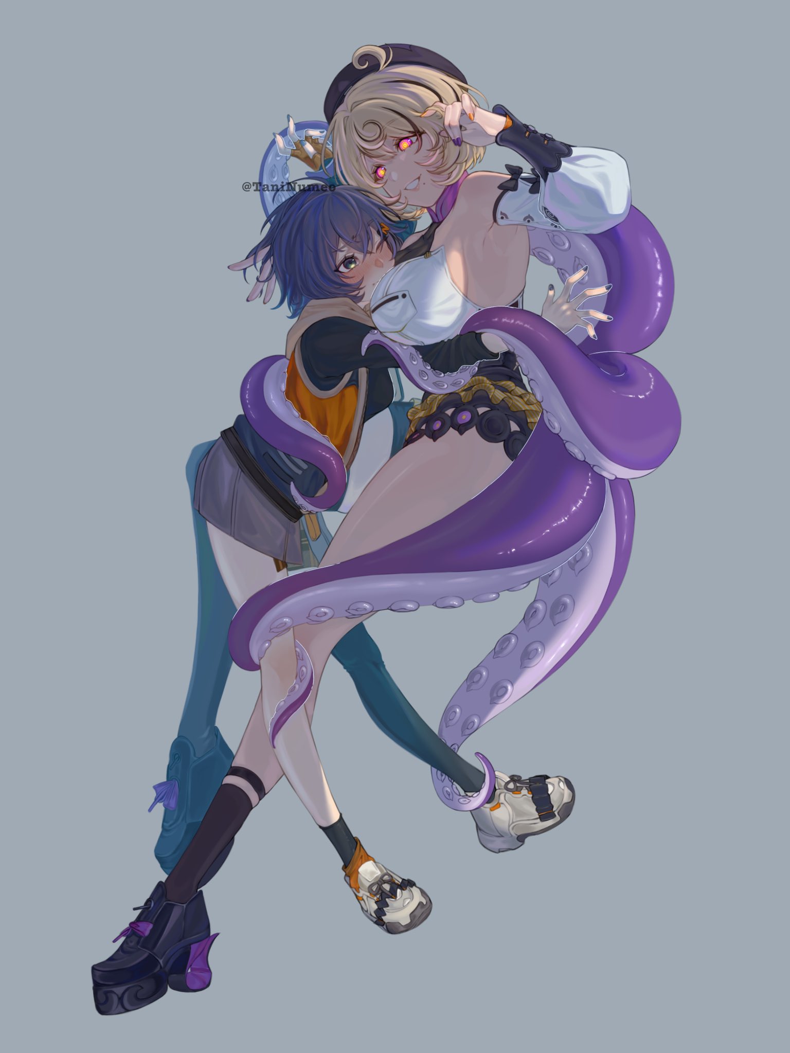 belle (zenless zone zero), zenless zone zero, hashtag-only commentary, highres, 2girls, armpits, blonde hair, blue hair, breasts, cephalopod eyes, detached sleeves, fingerless gloves, gloves, glowing, glowing eyes, grin, hair ornament, hat, high-waist shorts, hood, hooded vest, hoodie, large breasts, multicolored hair, multiple girls, nail polish, one eye closed, shorts, single fingerless glove, skirt, smile, streaked hair, taninumeo, tentacle tail, tentacles, vest, yidhari murphy, yuri