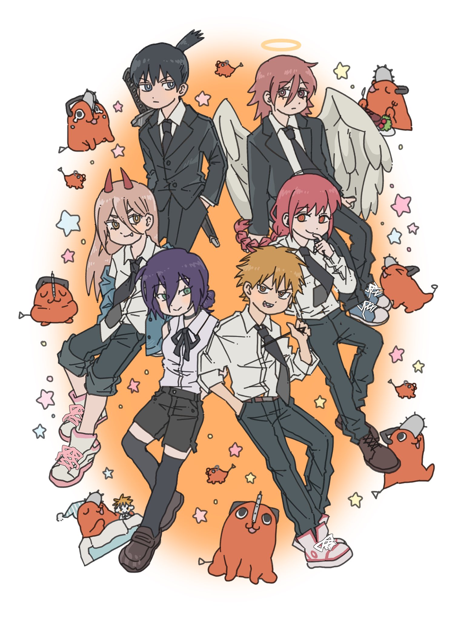angel devil (chainsaw man), denji (chainsaw man), hayakawa aki, makima (chainsaw man), pochita (chainsaw man), power (chainsaw man), reze (chainsaw man), chainsaw man, highres, > <, 3boys, 3girls, :d, androgynous, angel wings, black choker, black jacket, black pants, black ribbon, black shorts, black suit, black thighhighs, blue jacket, blue shoes, braid, breasts, brown eyes, brown shoes, choker, collared shirt, creature, demon girl, demon horns, food, fork, formal clothes, gogoma (gogomalife), green eyes, hair between eyes, hair bun, halo, hand in pocket, hand to own mouth, hat, holding, holding fork, holding knife, horns, jacket, jacket partially removed, knife, loafers, long hair, medium breasts, medium hair, multiple boys, multiple girls, neck ribbon, nightcap, open mouth, orange eyes, pants, ponytail, red eyes, red horns, ribbon, shirt, shoes, short hair, short ponytail, shorts, single braid, sleeveless, sleeveless shirt, sleeves rolled up, smile, sneakers, suit, suit jacket, sword, sword on back, tears, thighhighs, tongue, tongue out, weapon, weapon on back, white shirt, white shoes, wings, xd