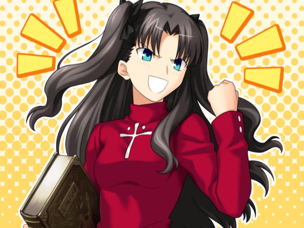 higurashi ryuuji, takeuchi takashi, tohsaka rin, capcom, fate/stay night, fate/unlimited codes, fate (series), type-moon, game cg, 00s, 1girl, black hair, book, female focus, solo, two side up