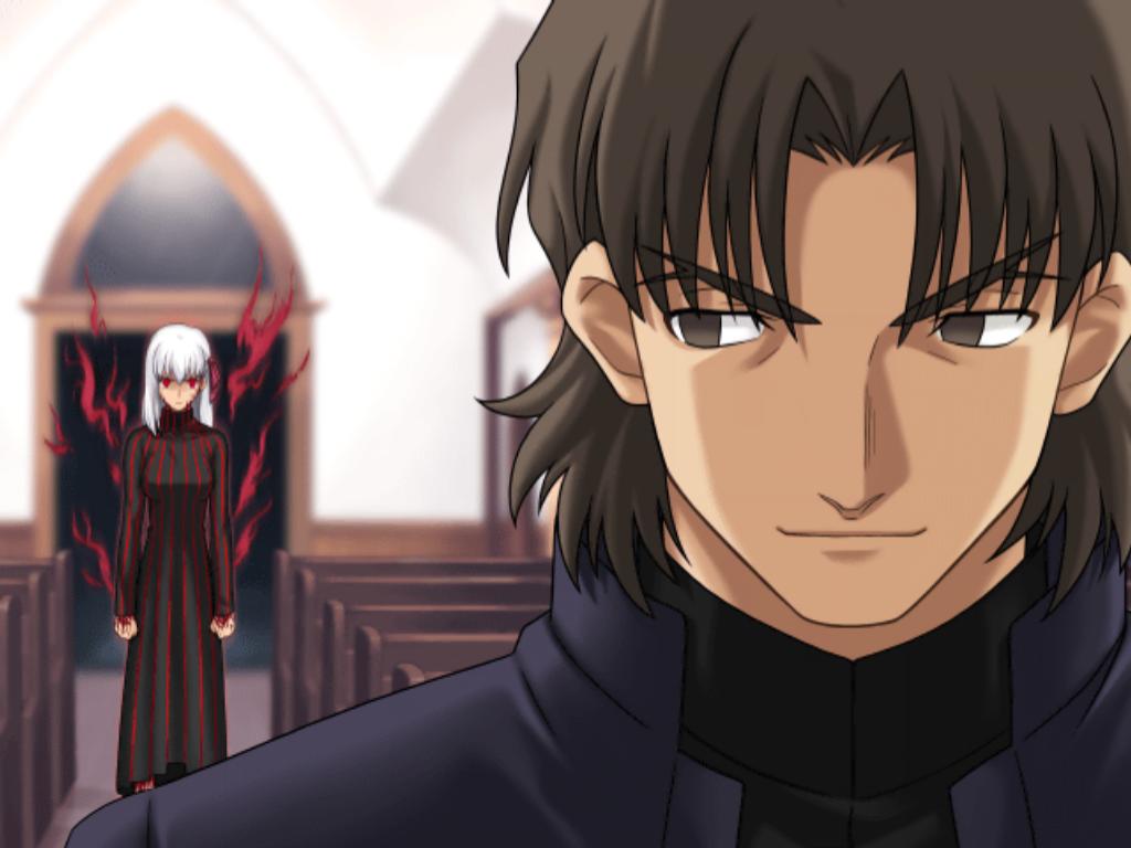 higurashi ryuuji, takeuchi takashi, angra mainyu (fate), dark sakura, kotomine kirei, matou sakura, capcom, fate/stay night, fate/unlimited codes, fate (series), type-moon, game cg, 00s, 1boy, 1girl, cassock, church, corruption, dark persona, parted bangs, possessed, possession