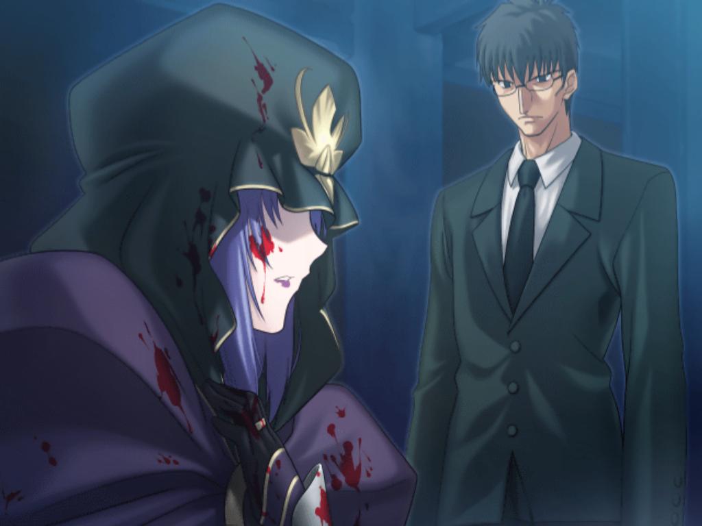 higurashi ryuuji, takeuchi takashi, kuzuki souichirou, medea (caster) (fate), medea (fate), capcom, fate/stay night, fate/unlimited codes, fate (series), type-moon, game cg, 00s, 1boy, 1girl, blood, blood on face, glasses