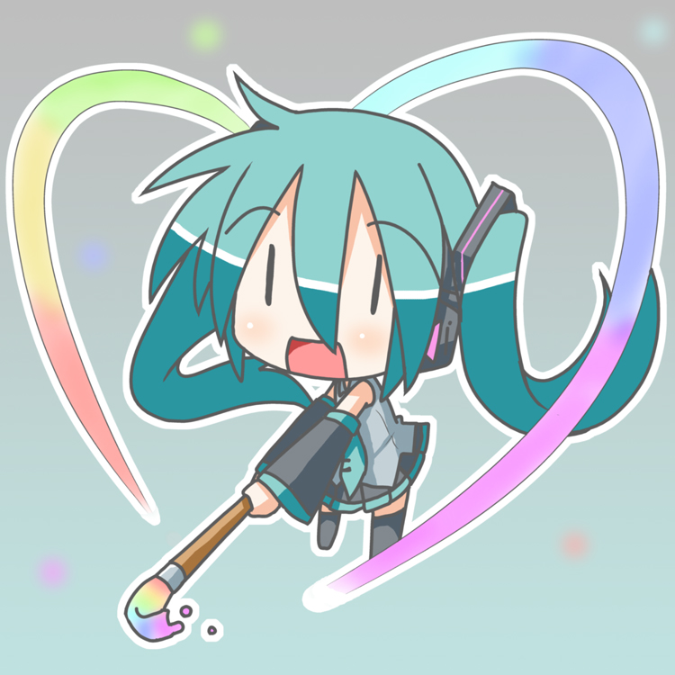 minami (colorful palette), chibi miku, hatsune miku, miracle paint (vocaloid), vocaloid, 1girl, art brush, chibi, female focus, full body, heart, paintbrush, rainbow, solo, spring onion, thighhighs, | |