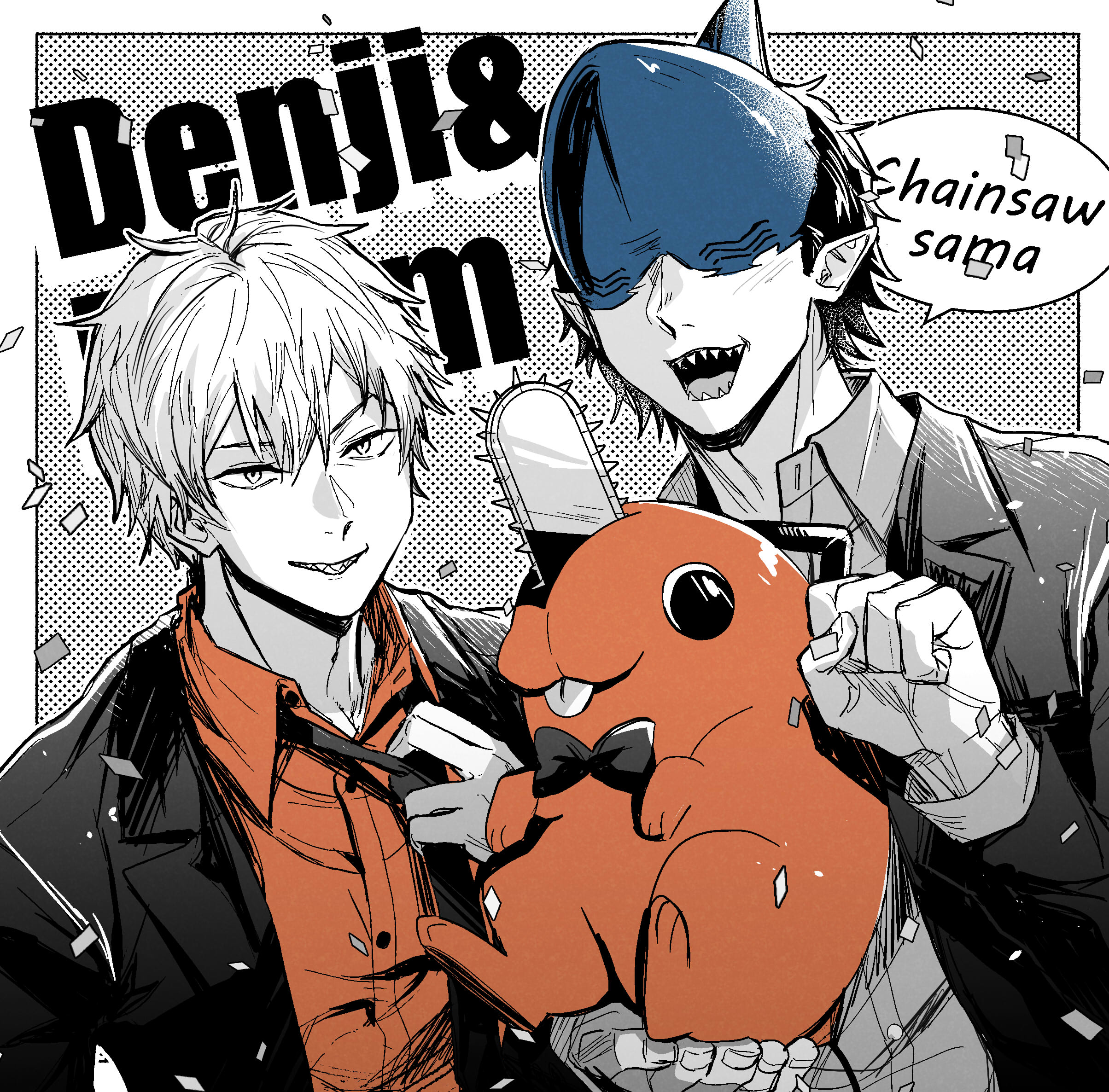 haveanicedream, beam (chainsaw man), denji (chainsaw man), pochita (chainsaw man), chainsaw man, highres, 2boys, adjusting clothes, adjusting necktie, black bow, black bowtie, black hair, black jacket, black necktie, border, bow, bowtie, character name, collared shirt, confetti, creature, grey shirt, hair between eyes, holding, holding creature, jacket, light blush, male focus, multiple boys, necktie, open mouth, orange shirt, parted lips, pointy ears, shark boy, sharp teeth, shirt, short hair, smile, suit jacket, teeth, tongue, tongue out, upper body, white border