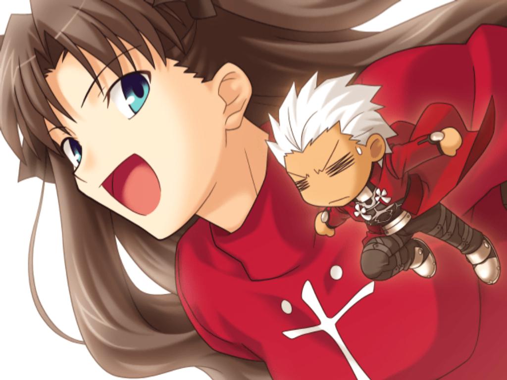 higurashi ryuuji, takeuchi takashi, archer (fate), tohsaka rin, capcom, fate/stay night, fate/unlimited codes, fate (series), type-moon, game cg, 00s, 1boy, 1girl, black hair, chibi, dark-skinned male, dark skin, white hair