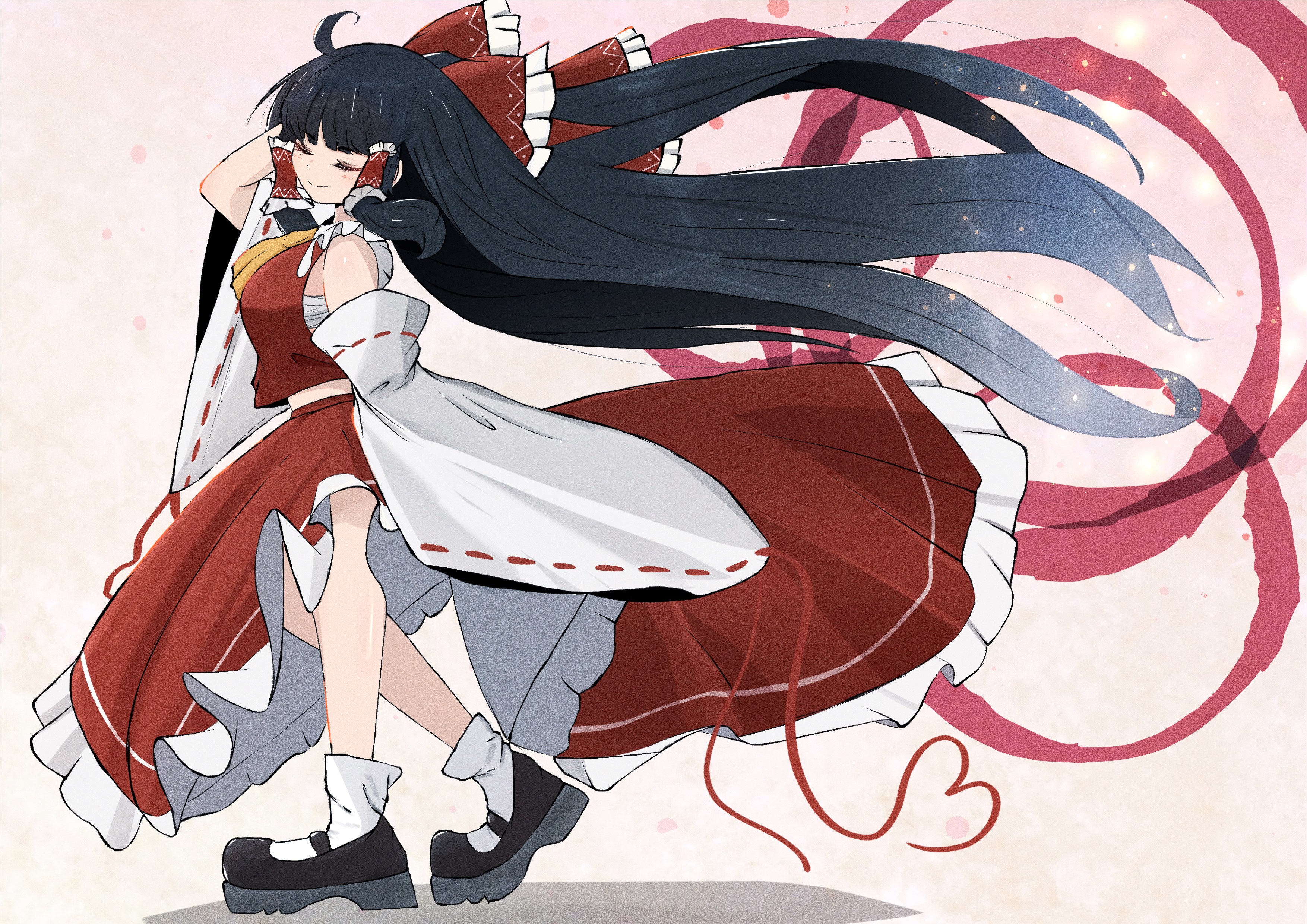 tooya0130, hakurei reimu, touhou, absurdres, commentary request, highres, 1girl, absurdly long hair, alternate hair length, alternate hairstyle, ascot, black hair, black shoes, bow, chest sarashi, closed eyes, closed mouth, detached sleeves, frilled bow, frilled hair tubes, frilled skirt, frills, full body, hair bow, hair tubes, long hair, red bow, red skirt, ribbon-trimmed sleeves, ribbon trim, sarashi, shoes, skirt, skirt set, smile, socks, solo, very long hair, walking, white socks, yellow ascot
