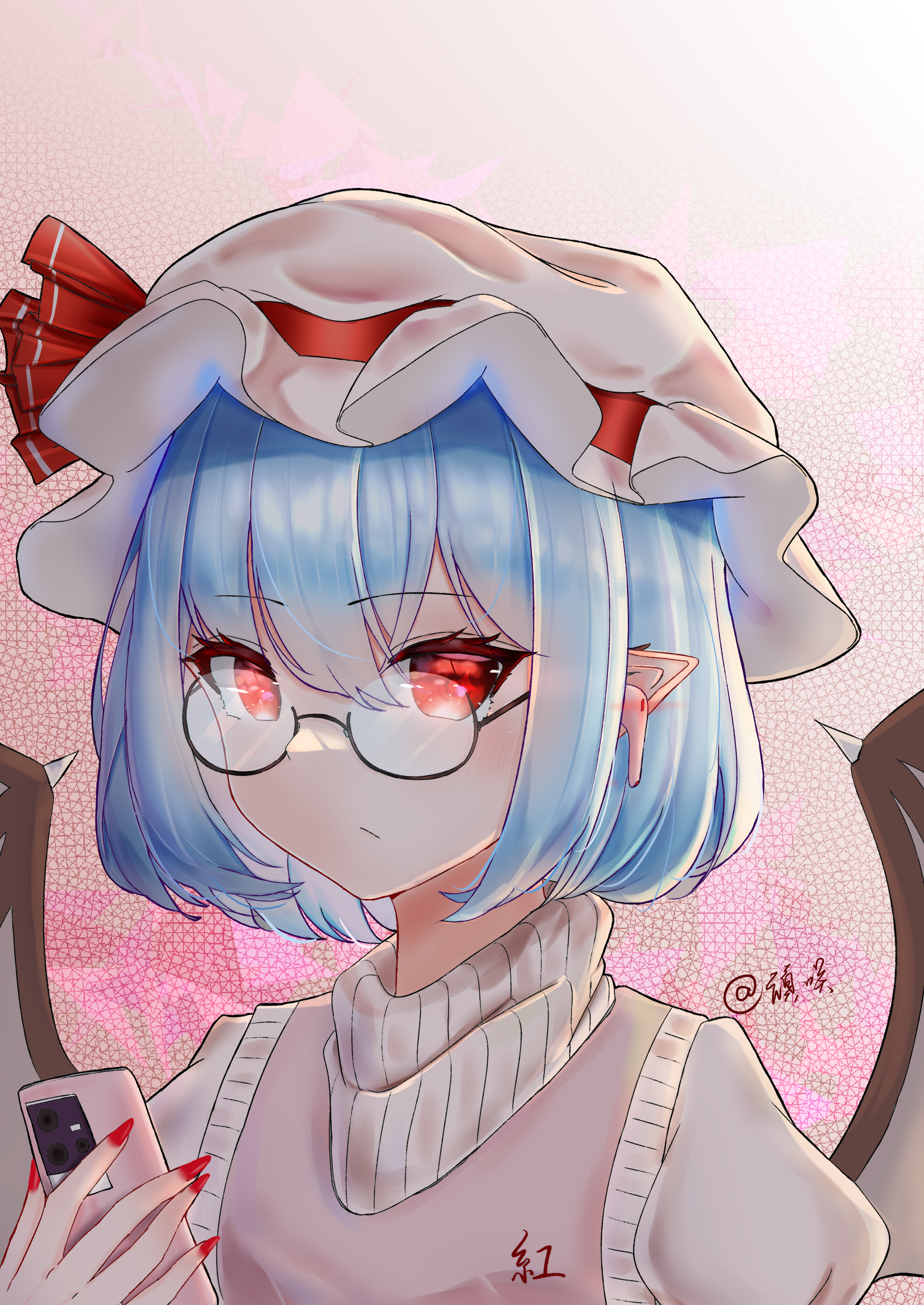 2091966, remilia scarlet, touhou, absurdres, highres, 1girl, :/, airpods, artist name, bat wings, cellphone, closed mouth, frilled hat, frills, glass, gradient background, hat, hat ribbon, holding, holding phone, looking at viewer, mob cap, nail polish, phone, pink background, pink hat, pointy ears, puffy sleeves, purple hair, red eyes, red nails, red ribbon, ribbed sweater, ribbon, semi-rimless eyewear, short hair, smartphone, solo, sweater, under-rim eyewear, white background, white sweater, wings, wireless earphones