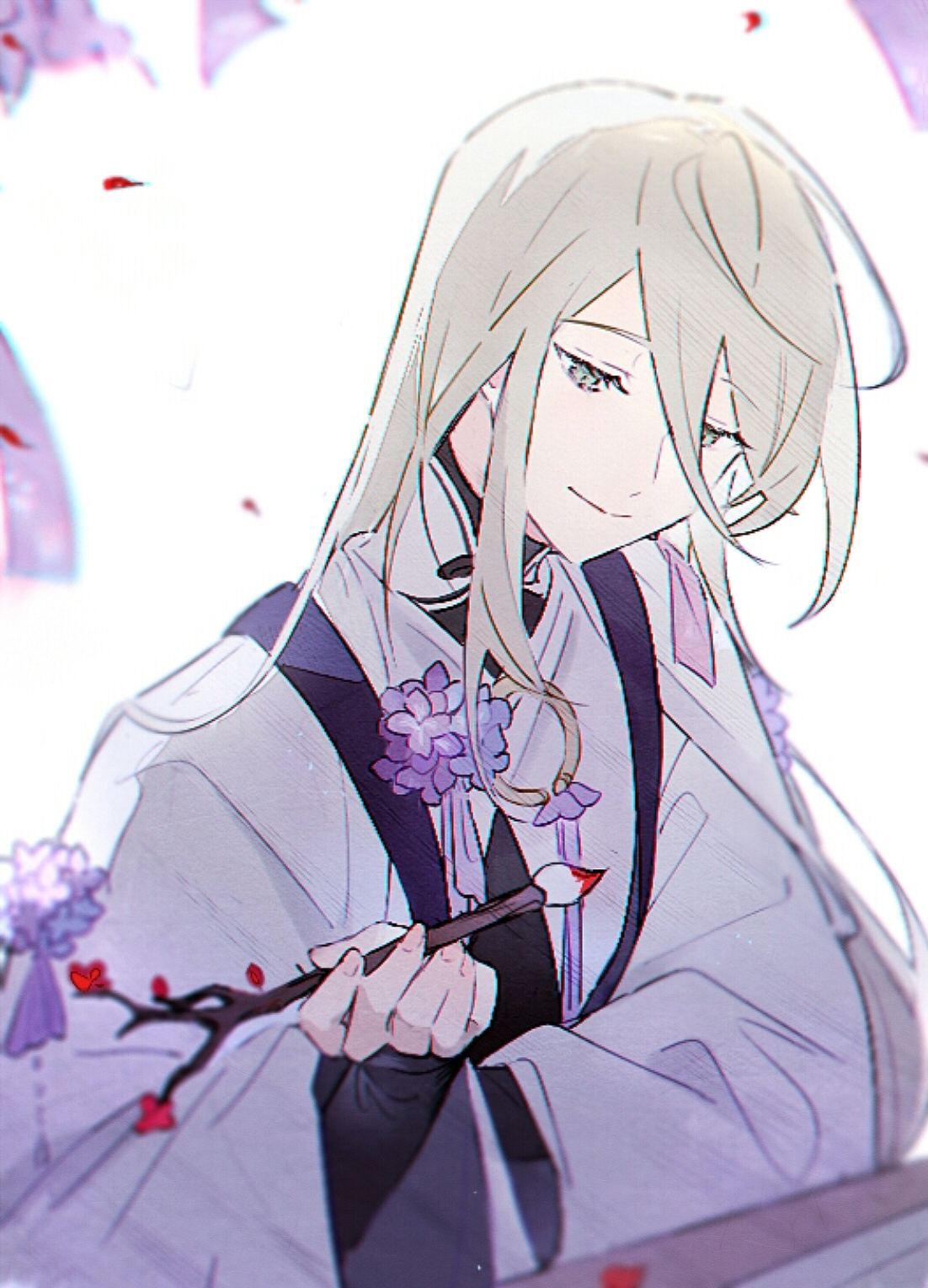 yangzhou fried rice (the tale of food), the tale of food, chinese commentary, highres, 1boy, black shirt, blonde hair, branch, calligraphy brush, chinese clothes, closed mouth, corsage, falling petals, flower, green eyes, hair between eyes, hanfu, holding, holding calligraphy brush, holding paintbrush, layered sleeves, lilac, long hair, long hair between eyes, long sleeves, looking at object, male focus, neck tassel, o-ring, official alternate costume, paintbrush, pakashan, petals, plum blossoms, purple flower, red flower, robe, shirt, sleeves past wrists, smile, solo, table, tassel, themed object, upper body, white hanfu, white robe, wide sleeves