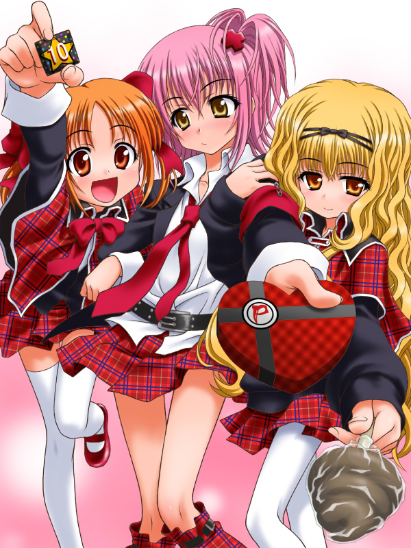 peter (artist), hinamori amu, mashiro rima, yuiki yaya, shugo chara!, 3girls, blush, cross hair ornament, giving, hair ornament, incoming gift, multiple girls, outstretched arm, pantyhose, plaid clothes, plaid skirt, reaching, skirt, thighhighs, valentine, white thighhighs