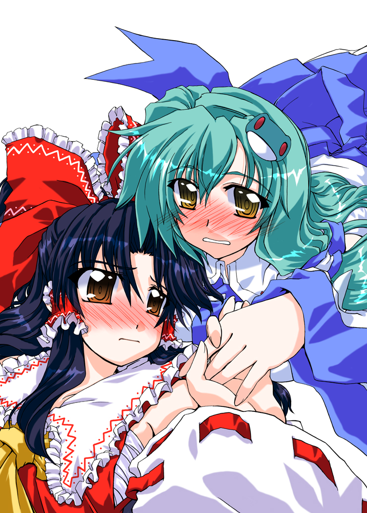 takana shinno, hakurei reimu, kochiya sanae, touhou, bad id, bad pixiv id, 2girls, blush, female focus, holding hands, japanese clothes, miko, multiple girls