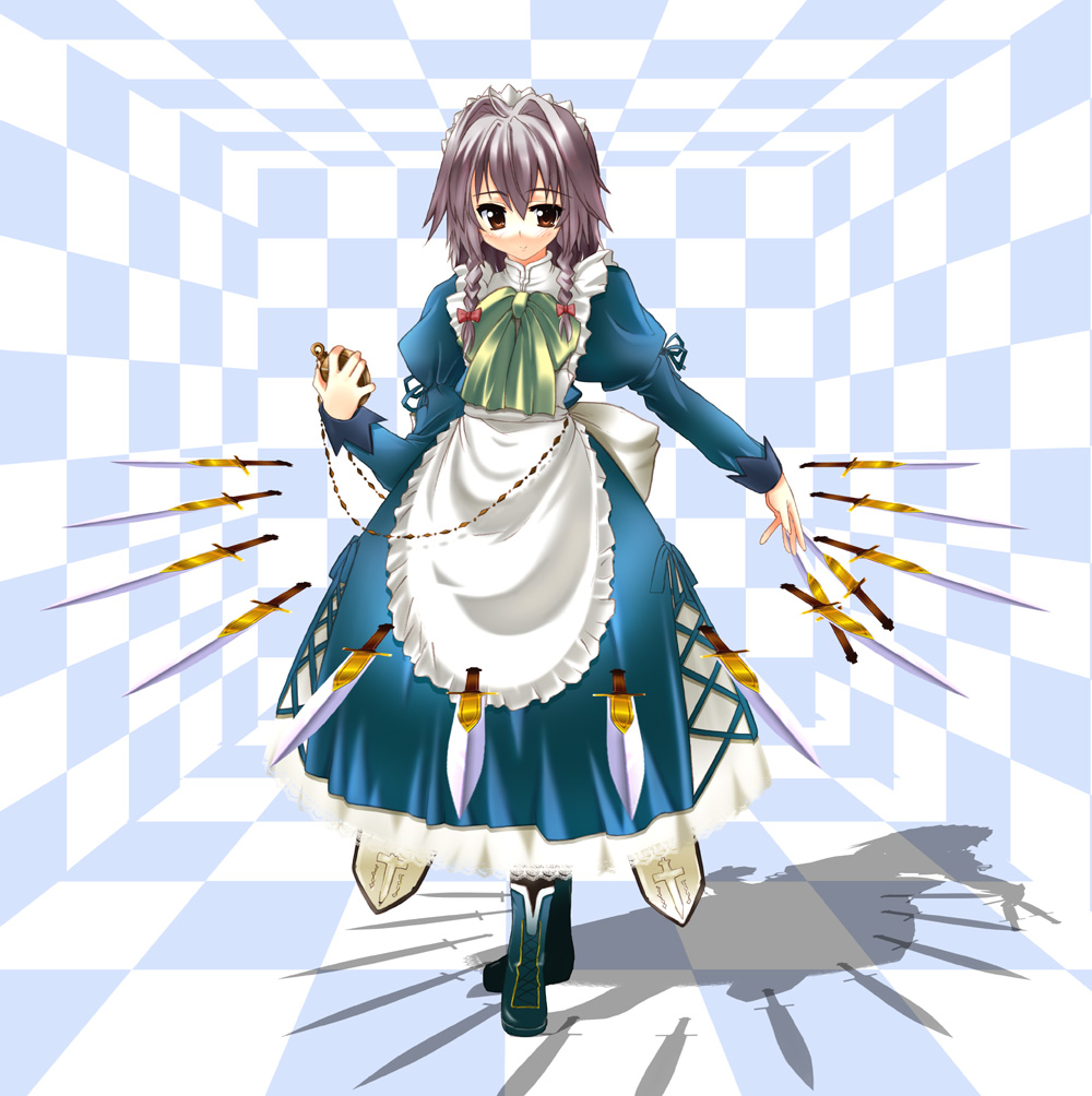 iga tamaki, izayoi sakuya, touhou, silver hair, 1girl, braid, female focus, knife, pocket watch, short hair, solo, throwing knife, twin braids, watch, weapon