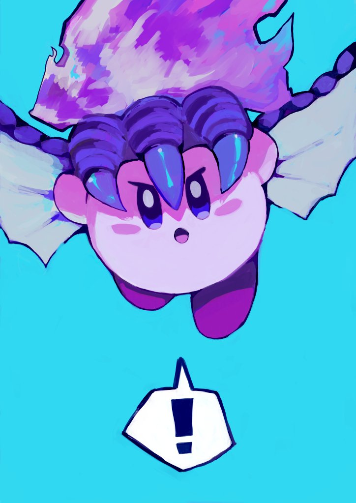 purano7, dragon fire kirby, kirby, kirby (series), nintendo, !, :o, analogous colors, blue background, fire, fire kirby, frown, looking at viewer, purple fire, simple background, solo, speech bubble, spread wings, wings