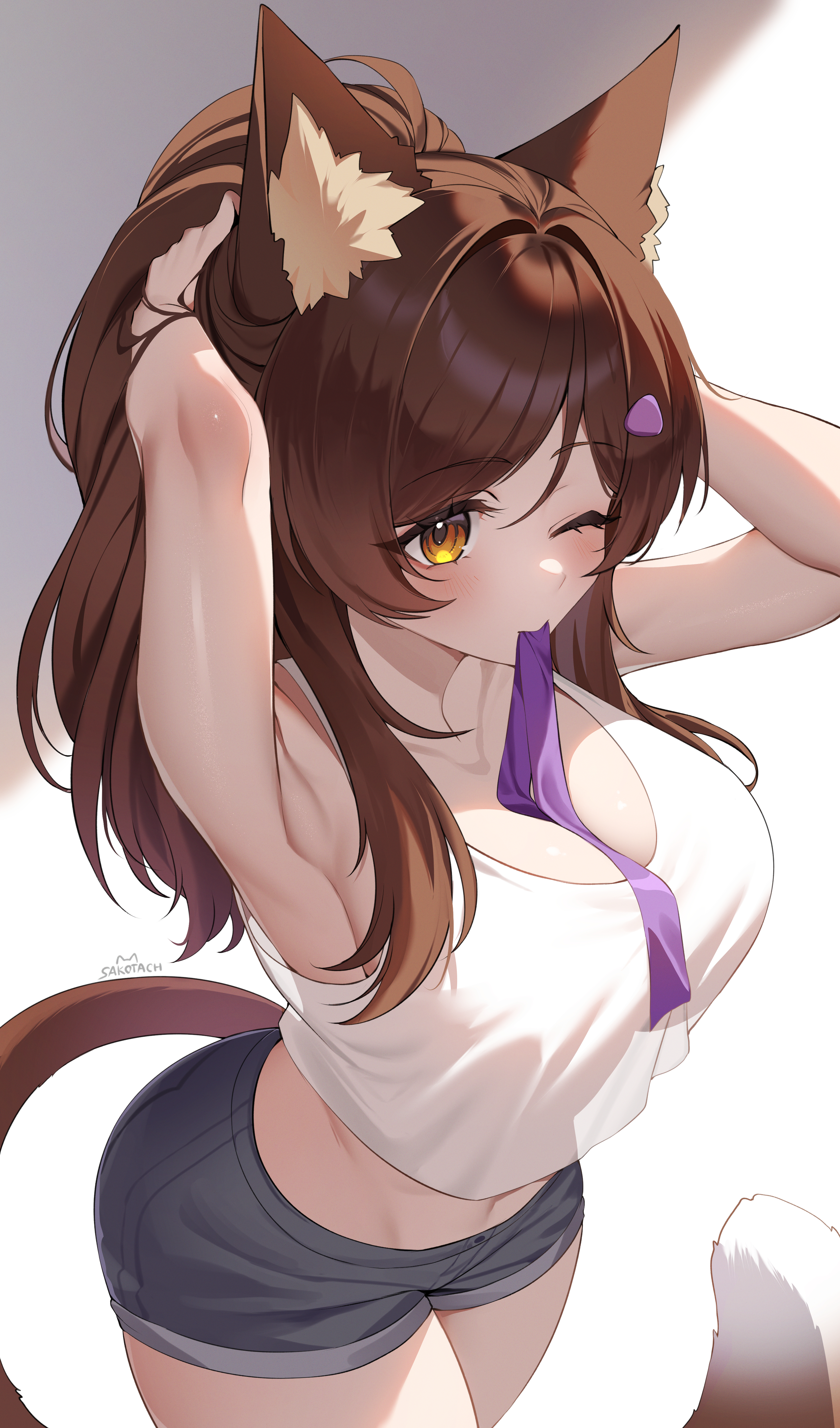sakotach, original, absurdres, commission, highres, 1girl, animal ear fluff, animal ears, armpits, breasts, brown eyes, brown hair, cat ears, cat tail, large breasts, long hair, midriff, mouth hold, one eye closed, shorts, simple background, solo, tail, tank top, tying hair, white background, white tank top
