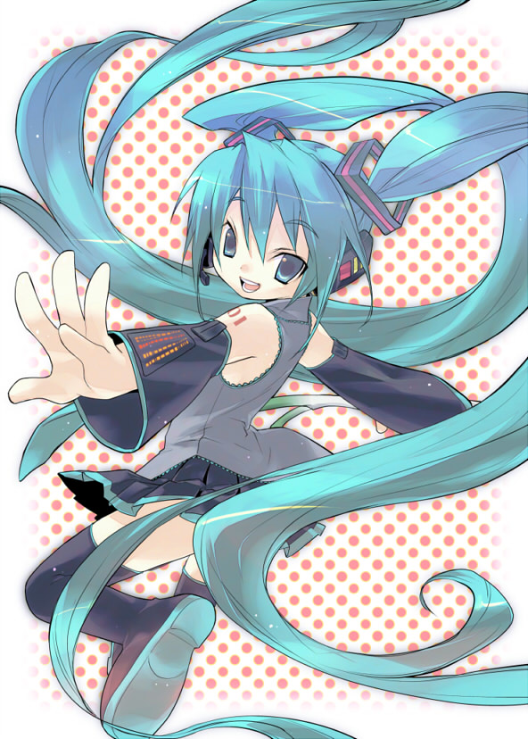 wanko (pixiv), wanko (takohati8), hatsune miku, vocaloid, 1girl, aqua eyes, aqua hair, detached sleeves, female focus, headset, long hair, necktie, skirt, solo, spring onion, thighhighs, twintails, very long hair