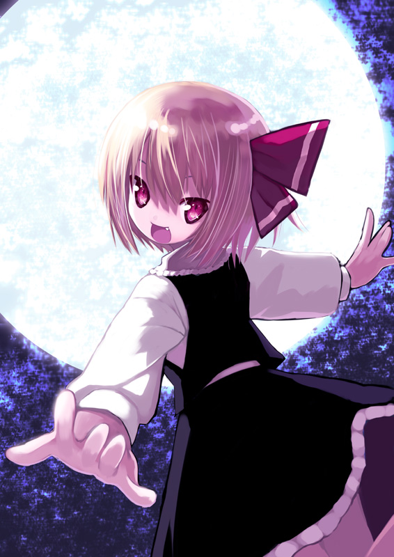 kiira, rumia, embodiment of scarlet devil, touhou, 1girl, blonde hair, fang, female focus, foreshortening, from behind, hair ribbon, looking back, moon, outstretched arms, red eyes, ribbon, short hair, solo, spread arms