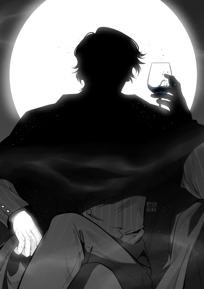 ginsan, secretive plotter, omniscient reader's viewpoint, highres, 1other, backlighting, black hair, capelet, chair, chalice, crossed legs, cup, elbow rest, faceless, facing viewer, greyscale, hand up, holding, holding cup, light particles, lounge chair, monochrome, shaded face, short hair, sitting, solo