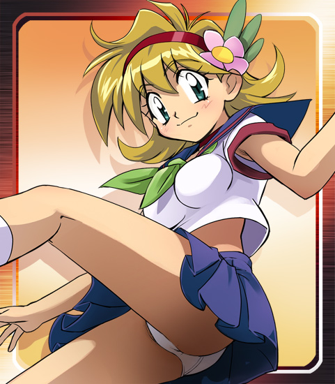 haruyama kazunori, uryuu kana, muteki ou tri-zenon, 1girl, armpit peek, blonde hair, female focus, midriff, panties, pantyshot, school uniform, serafuku, solo, underwear, upskirt, white panties