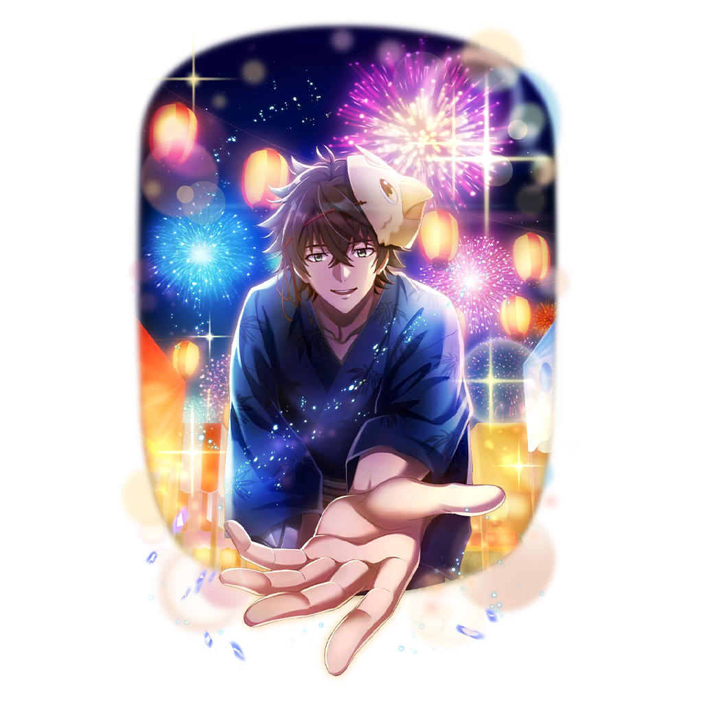 iwatani naofumi, tate no yuusha no nariagari, tate no yuusha no nariagari rerise, artist request, game cg, official art, 1boy, aerial fireworks, bird mask, black hair, blue kimono, filolial, fireworks, green eyes, hair between eyes, japanese clothes, kimono, lantern festival, leaning forward, light particles, looking at viewer, male focus, market stall, mask, mask on head, messy hair, night, night sky, official alternate costume, open mouth, outstretched hand, short hair, simple background, sky, sky lantern, smile, solo, sparkle, straight-on, teeth, three-quarter sleeves, transparent background, upper teeth only, yukata
