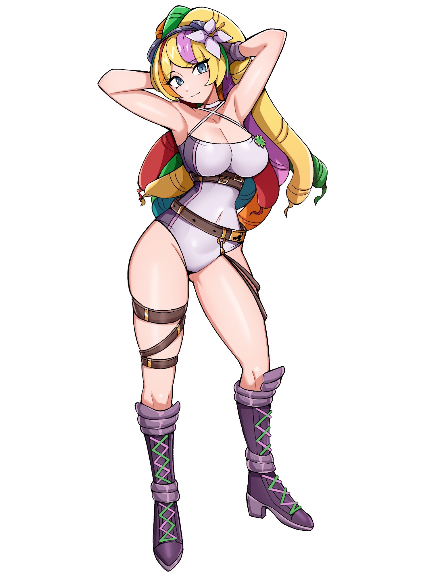 oninuer, original, commentary, commission, english commentary, highres, 1girl, arms behind head, arms up, blonde hair, blue eyes, boots, breasts, cleavage, closed mouth, flower, full body, hair flower, hair ornament, knee boots, large breasts, long hair, looking at viewer, multicolored hair, one-piece swimsuit, parted bangs, purple boots, simple background, smile, solo, standing, streaked hair, swimsuit, white background, white one-piece swimsuit