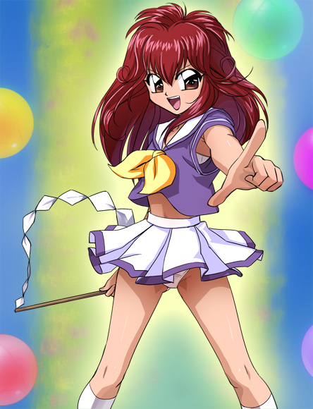 haruyama kazunori, asahina mutsuki, haunted junction, 1girl, armpit peek, female focus, gohei, kneehighs, midriff, midriff peek, panties, socks, solo, underwear, white socks