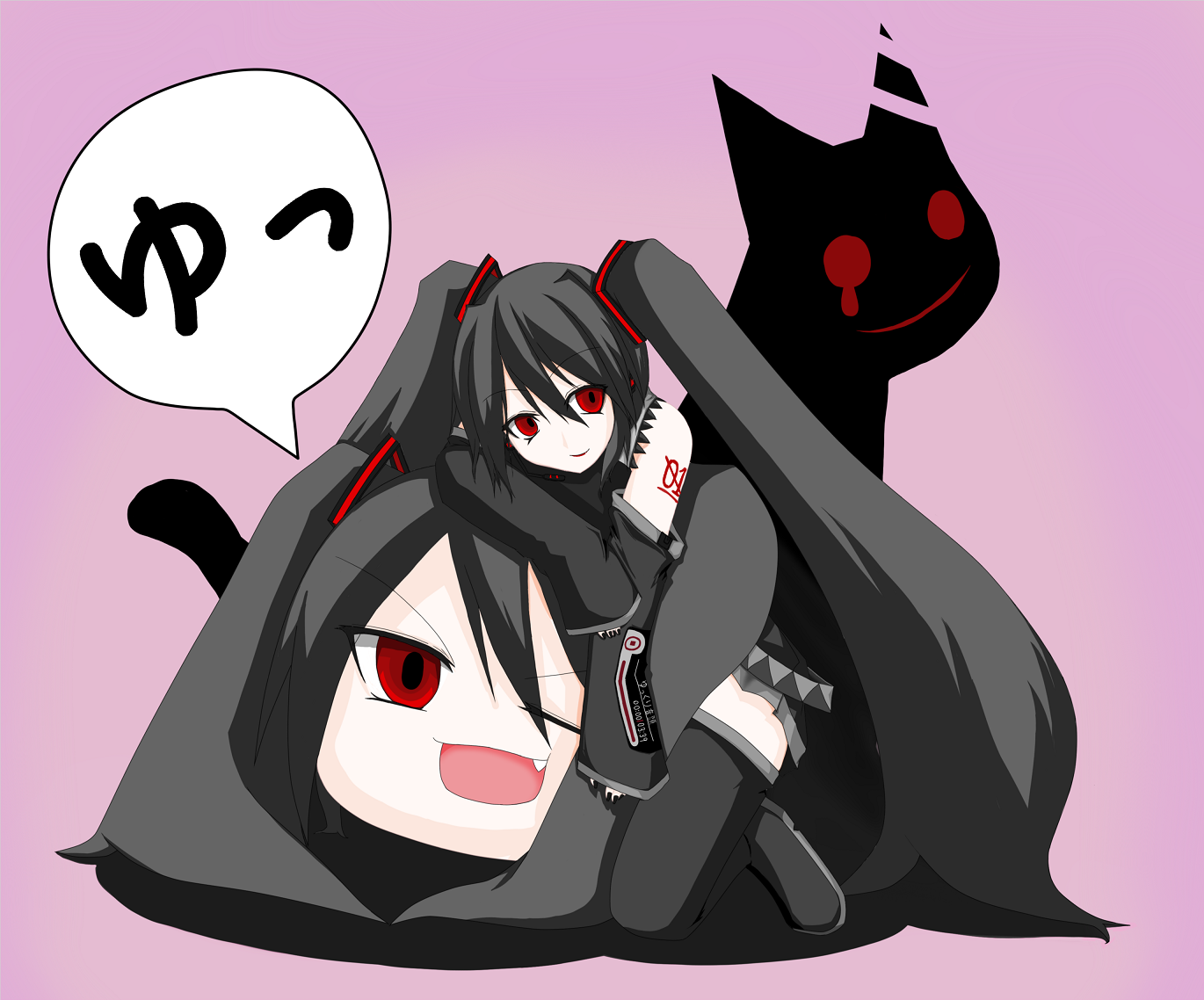 arisu (aliceproject), zatsune miku, vocaloid, bad id, bad pixiv id, 1girl, black hair, detached sleeves, fang, long hair, one eye closed, red eyes, smile, thighhighs, twintails, very long hair, wink, yukkuri shiteitte ne