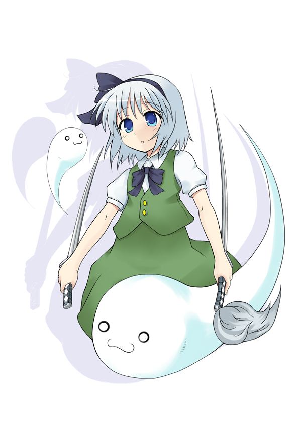 kuuya (kohaku1988), konpaku youmu, konpaku youmu (ghost), touhou, silver hair, 1girl, blue eyes, female focus, hairband, hitodama, short hair, solo, sword, weapon