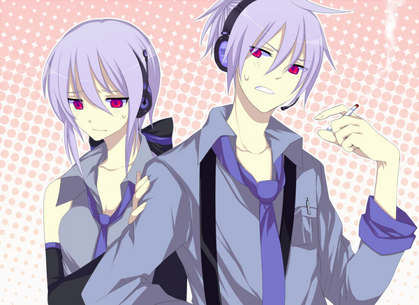 harano, honne dell, yowane haku, vocaloid, silver hair, bad id, bad pixiv id, gender request, 1boy, 1girl, cigarette, genderswap, headphones, necktie, red eyes, smoking