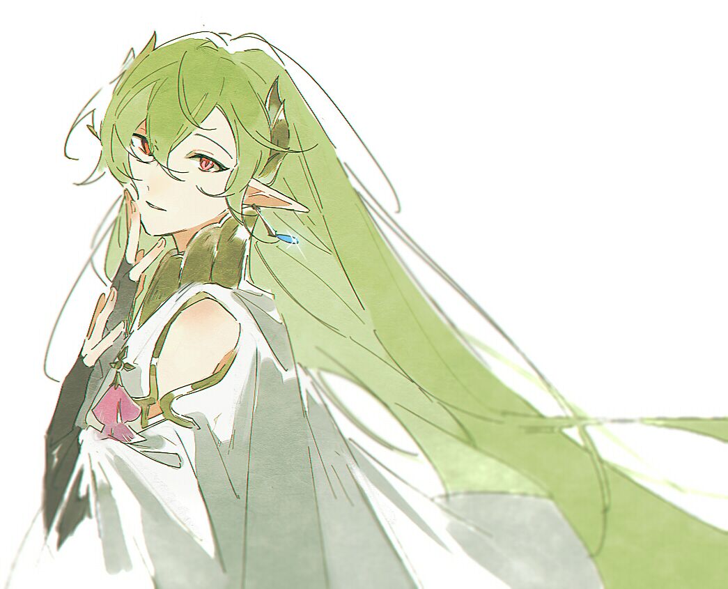 welcome to dreamland, 1boy, androgynous, bare shoulders, black gloves, clothing cutout, corsage, earrings, fake horns, fingerless gloves, flower, from side, gloves, green hair, hair between eyes, hand on own face, horns, jewelry, long hair, long sleeves, looking at viewer, looking to the side, male focus, pakashan, parted lips, pink flower, pointy ears, red eyes, robe, selien (welcome to dreamland), shoulder cutout, simple background, solo, teardrop earrings, upper body, very long hair, white background, white robe, wide sleeves