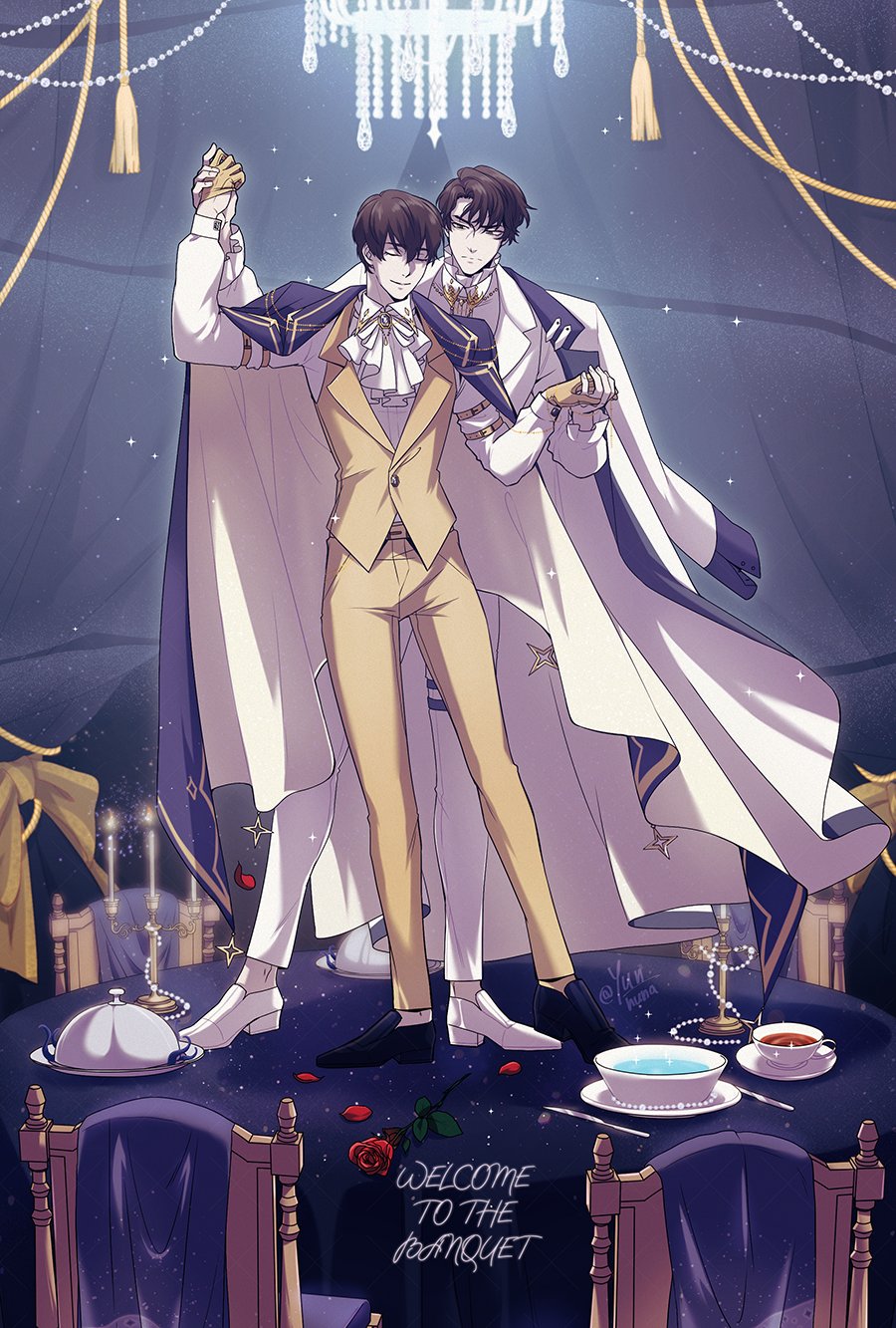 ginsan, kim dokja, yoo joonghyuk, omniscient reader's viewpoint, highres, 2boys, black eyes, black hair, bowl, candlestand, chair, chandelier, curtains, dancing, expressionless, flower, frills, full body, gloves, hair between eyes, holding hands, jacket, jacket on shoulders, light particles, looking at another, male focus, multiple boys, plate, rose, short hair, smile, standing, table, tablecloth, tassel, vest, white jacket, yellow gloves, yellow vest