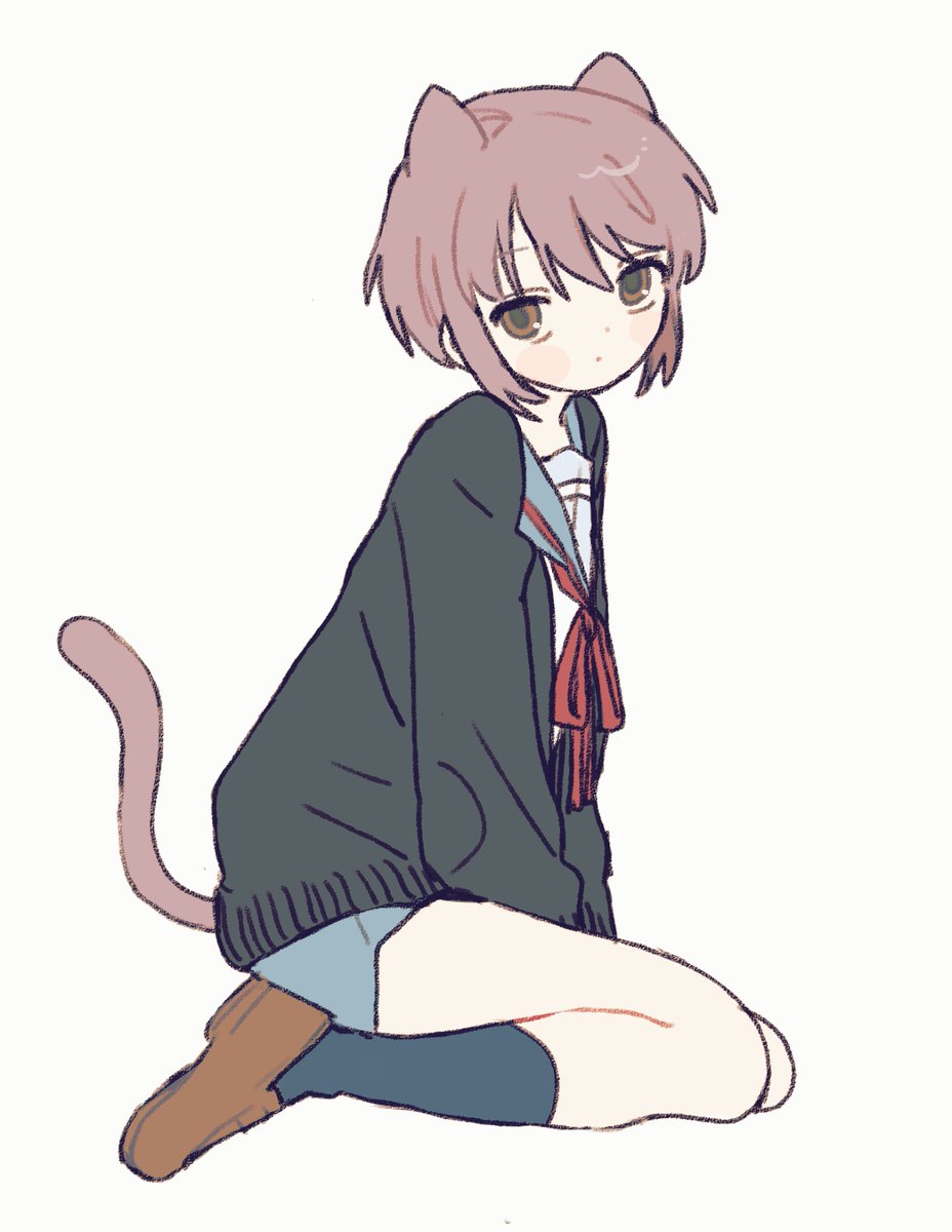 gohanysu, nagato yuki, suzumiya haruhi no yuuutsu, highres, 1girl, animal ears, black cardigan, black socks, blue sailor collar, blue skirt, brown eyes, brown shoes, cardigan, cat ears, cat girl, cat tail, full body, grey hair, kemonomimi mode, kneeling, loafers, neck ribbon, red ribbon, ribbon, sailor collar, shirt, shoes, short hair, sitting, skirt, socks, solo, tail, white background, white shirt