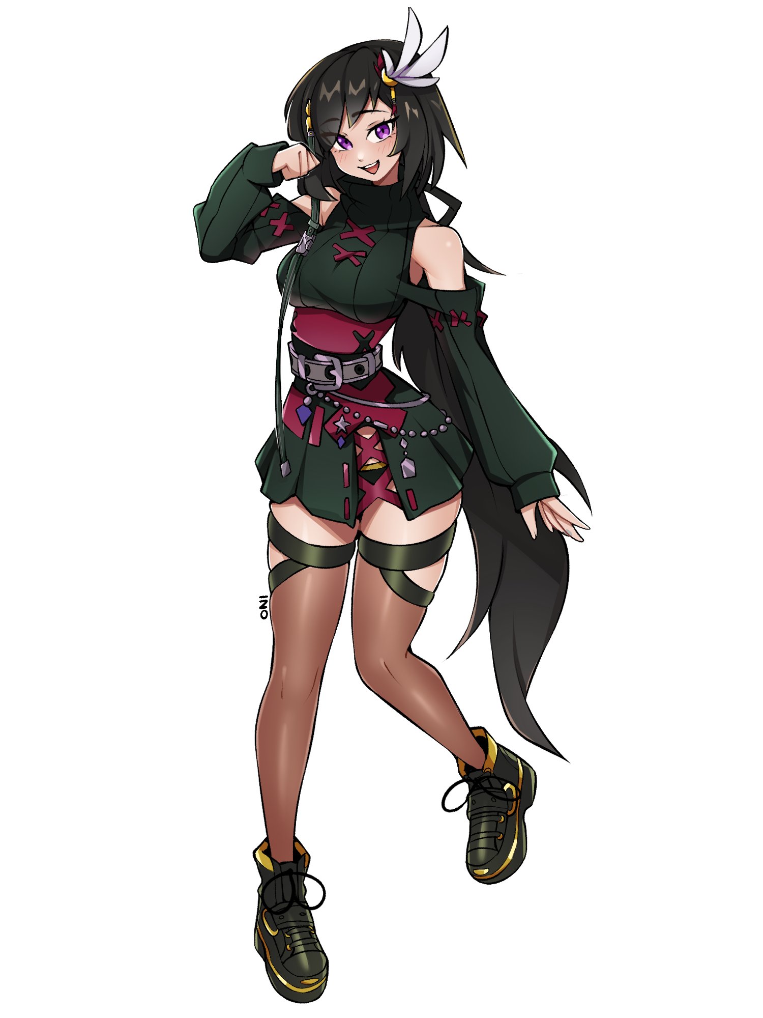 oninuer, original, commentary, commission, english commentary, highres, 1girl, bare shoulders, belt, belt buckle, black dress, black hair, black shoes, breasts, brown thighhighs, buckle, choppy bangs, clothing cutout, dress, full body, grey belt, hair ornament, hand up, long hair, long sleeves, looking at viewer, medium breasts, open mouth, purple eyes, shoes, shoulder cutout, simple background, smile, solo, thighhighs, very long hair, white background