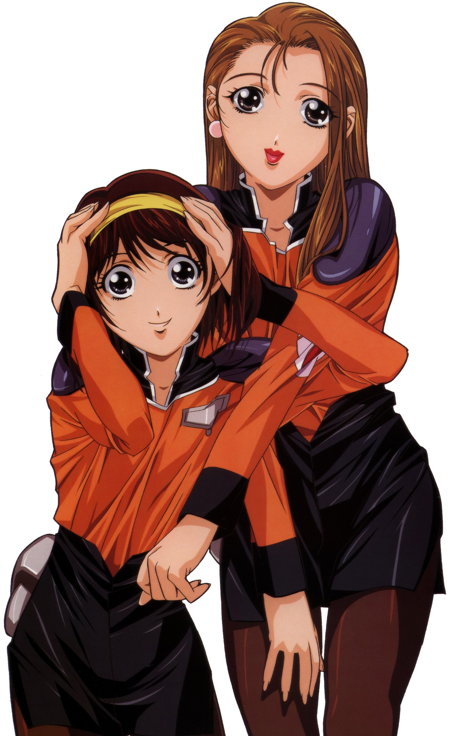 gotou keiji, haruka minato, shiratori yukina, kidou senkan nadesico, kidou senkan nadesico – prince of darkness, black legwear, absurdres, highres, official art, scan, 1990s (style), 2girls, age difference, black eyes, brown hair, cowboy shot, earrings, fingernails, gun, hairband, hand on own thigh, hands on own head, high collar, holster, jewelry, lipstick, locked arms, long fingernails, long hair, long sleeves, looking at viewer, makeup, military, military uniform, multiple girls, pantyhose, pencil skirt, red lips, retro artstyle, short hair, side slit, simple background, skirt, weapon, white background