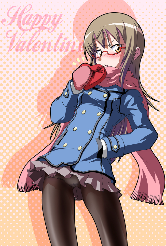 masamurai, original, 1girl, blush, brown hair, coat, female focus, glasses, hand in pocket, happy valentine, long hair, mittens, panties, panties under pantyhose, pantyhose, pantyshot, red-framed eyewear, scarf, skirt, solo, underwear, valentine, yellow eyes