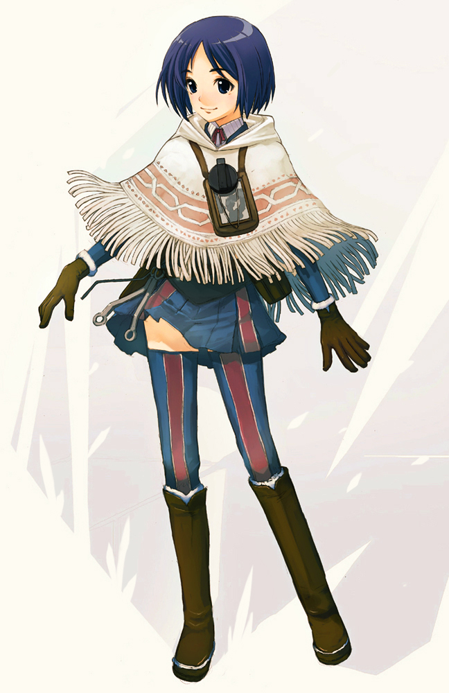 hirokiku, isara gunther, senjou no valkyria, senjou no valkyria (series), senjou no valkyria 1, uniform, bad id, bad pixiv id, 00s, 1girl, blue eyes, blue hair, blush, boots, female focus, fringe trim, gloves, headphones, matching hair/eyes, military, poncho, short hair, skirt, smile, solo, thighhighs, tools, zettai ryouiki