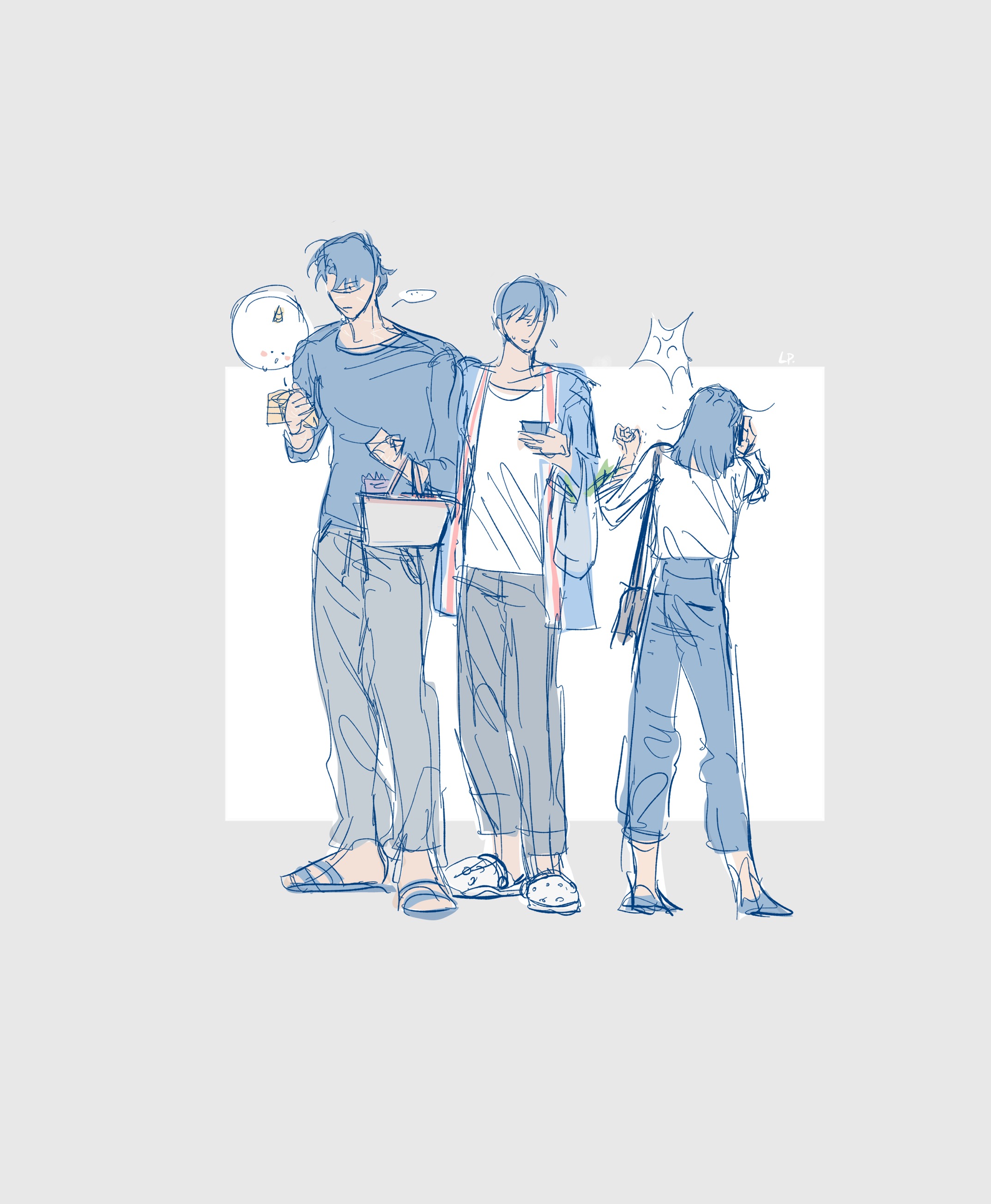 lp (sangkuranak), biyoo (omniscient reader's viewpoint), han sooyoung, kim dokja, yoo joonghyuk, omniscient reader's viewpoint, absurdres, highres, 1girl, 2boys, anger vein, animal, bag, black hair, black shirt, crocs, full body, holding, holding phone, multiple boys, phone, shirt, shirt tucked in, short hair, slippers, spoken anger vein, standing, talking on phone, white shirt