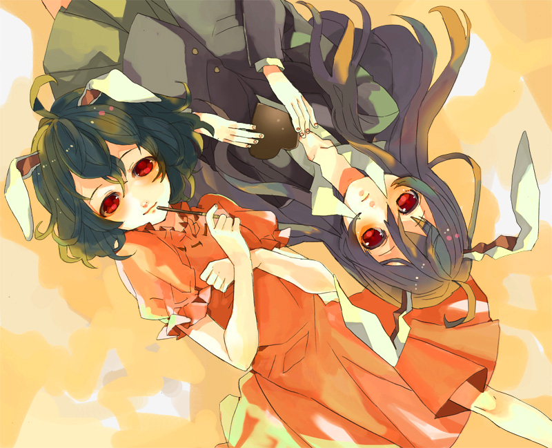 sasakama (f214), sasakama (pixiv), inaba tewi, reisen udongein inaba, touhou, bad id, bad pixiv id, 2girls, animal ears, chocolate, female focus, food, multiple girls, pocky, rabbit ears, red eyes, valentine