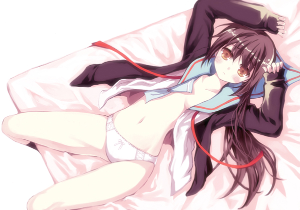 manle, kyon, kyonko, suzumiya haruhi no yuuutsu, bad id, bad pixiv id, 00s, 1girl, cardigan, female focus, genderswap, genderswap (mtf), hair down, no bra, open clothes, open shirt, panties, school uniform, serafuku, shirt, solo, underwear