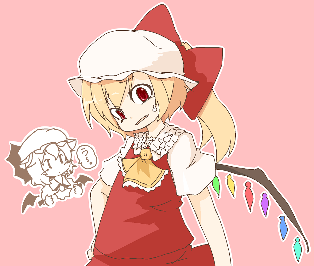 tamute (2580rs), flandre scarlet, remilia scarlet, touhou, 2girls, bat wings, blonde hair, fang, female focus, hat, hat ribbon, multiple girls, oekaki, partially colored, ribbon, short hair, simple background, skirt, wings