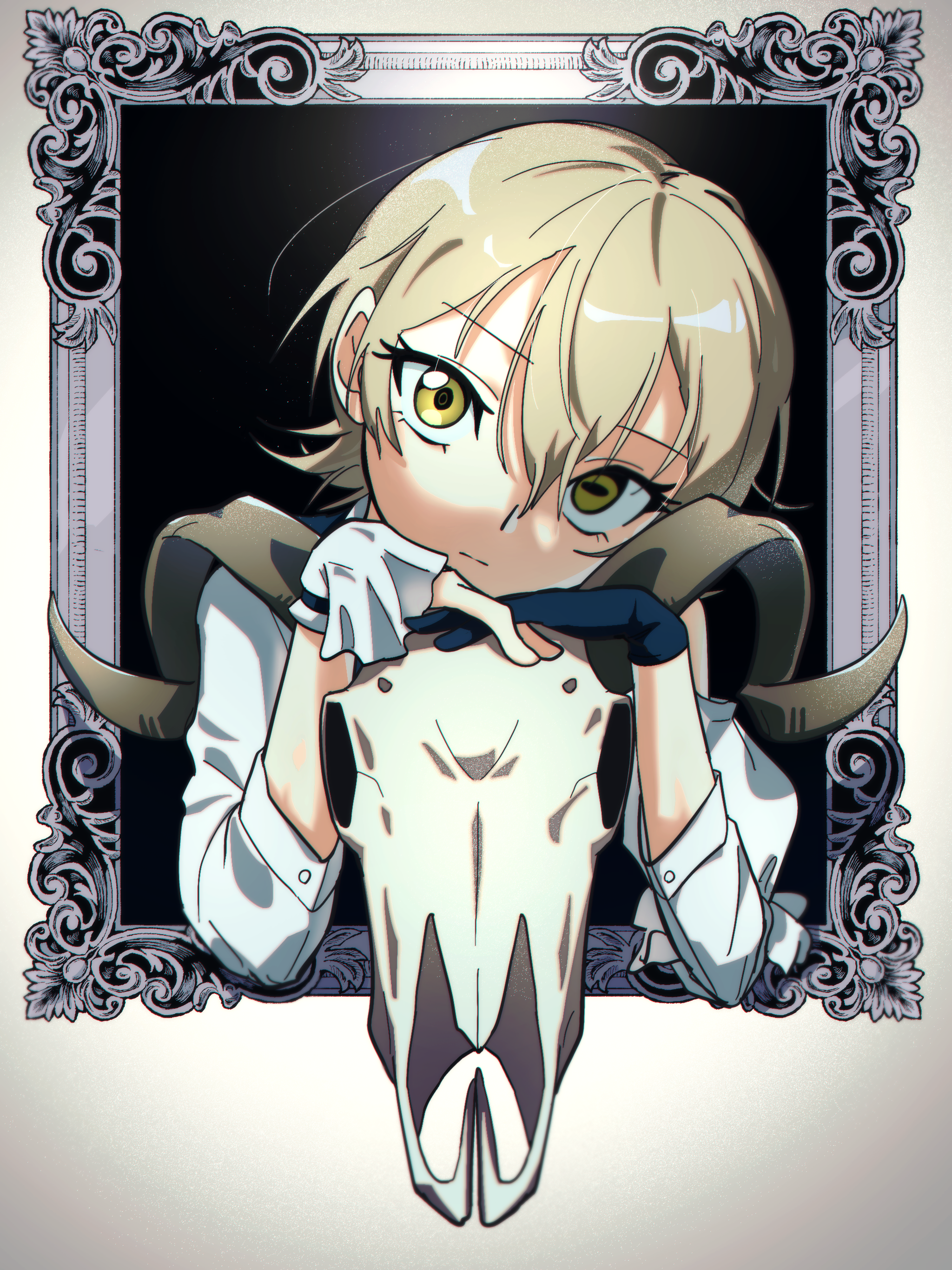 nzeneee, medalist (manga), absurdres, highres, 1girl, animal skull, blonde hair, expressionless, head tilt, looking at viewer, picture frame, shirt, short hair, solo, upper body, yagi yuuna, yellow eyes